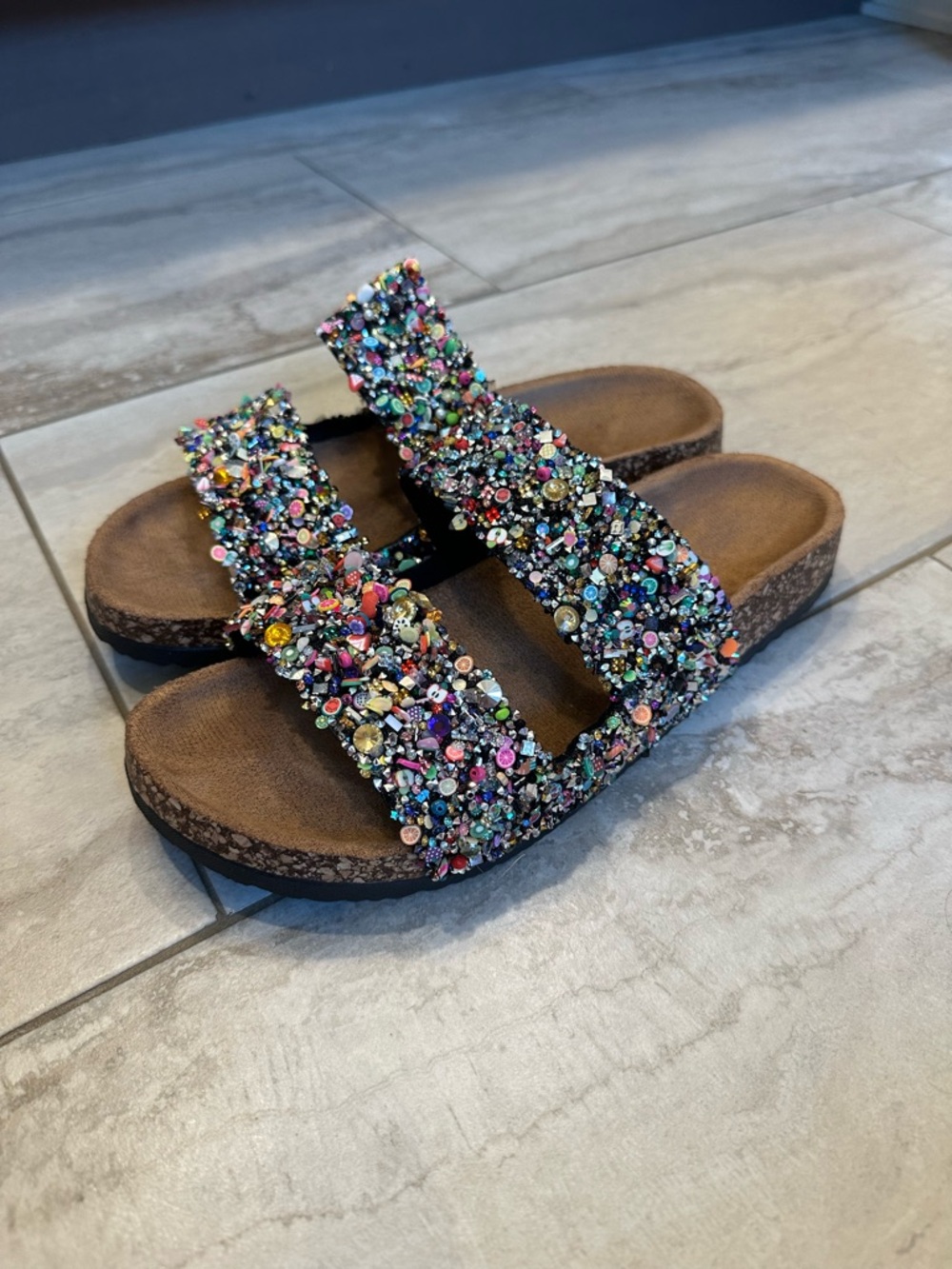 SHEIN Multicolor Jeweled Double Strap Sandals